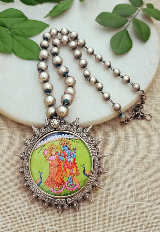 Antique Silver Plated handprinted Radha Krishna Pendant Necklace with Ball Chain