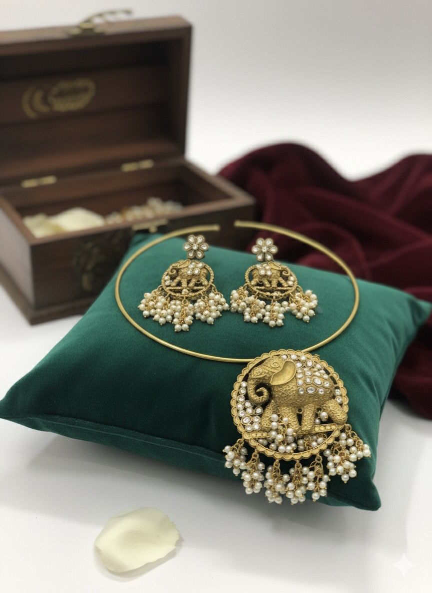 Royal Elephant Motif Gold Plated Necklace & Earring Set