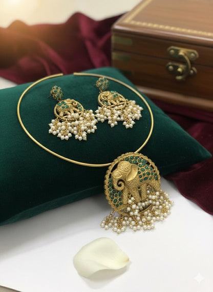 Royal Elephant Motif Gold Plated Necklace & Earring Set