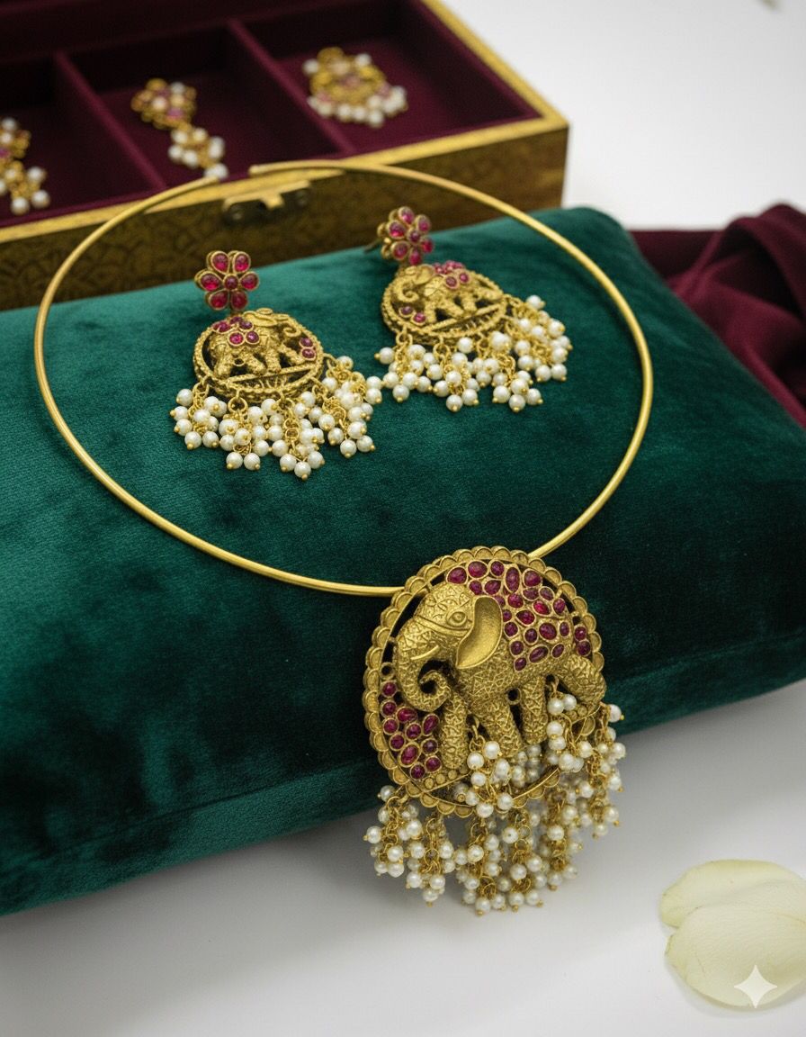 Royal Elephant Motif Gold Plated Necklace & Earring Set