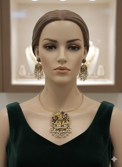 Royal Elephant Motif Gold Plated Necklace & Earring Set