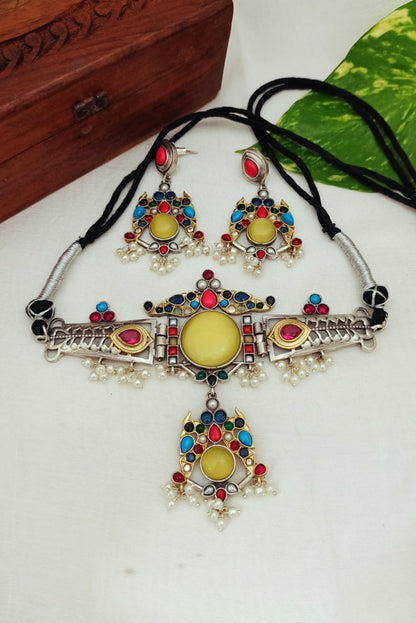 Tanvi Dual Tone Silver Plated Choker with Earrings for Women