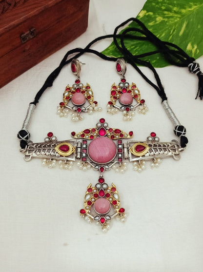 Tanvi Dual Tone Silver Plated Choker with Earrings for Women