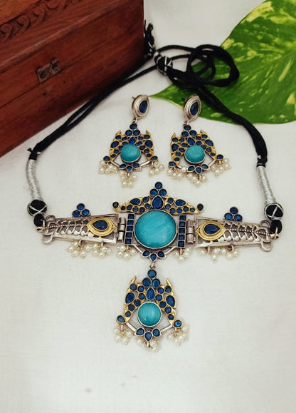 Tanvi Dual Tone Silver Plated Choker with Earrings for Women