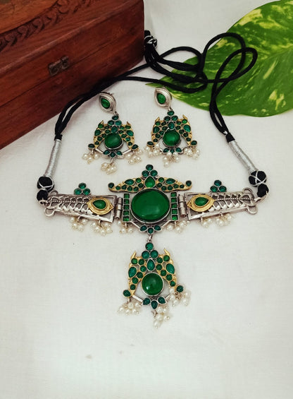 Tanvi Dual Tone Silver Plated Choker with Earrings for Women