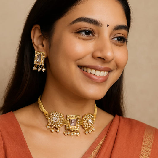 Antique Gold Kundan Choker Necklace Set with Earrings