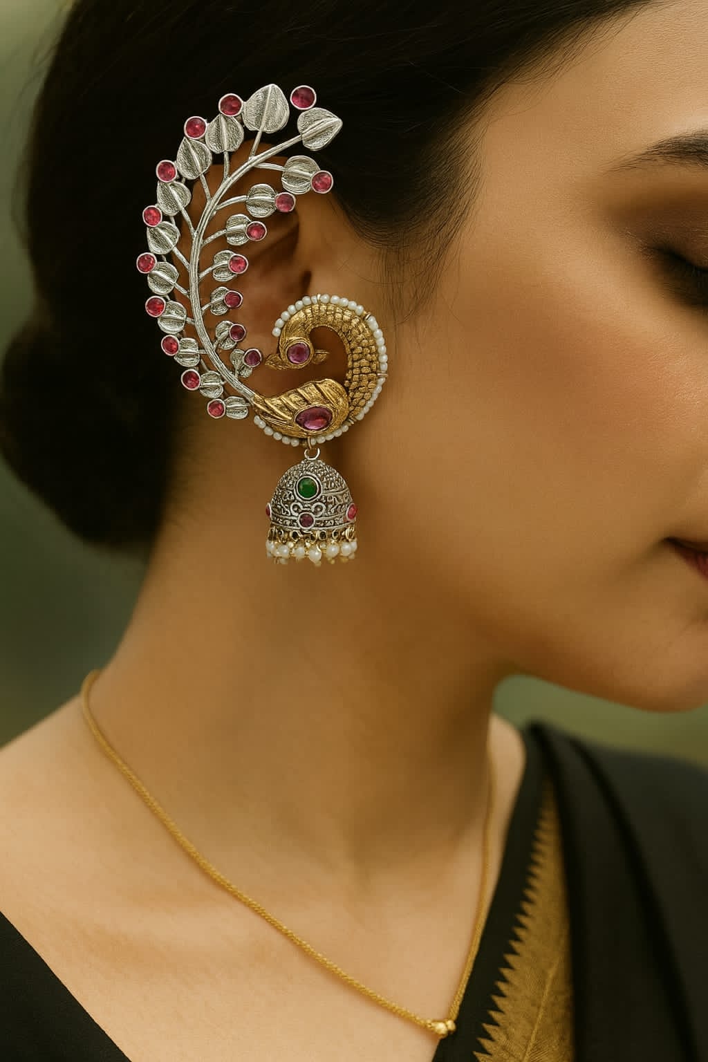 Morni Statement Vintage Dual Tone Leaf Motif Earcuff