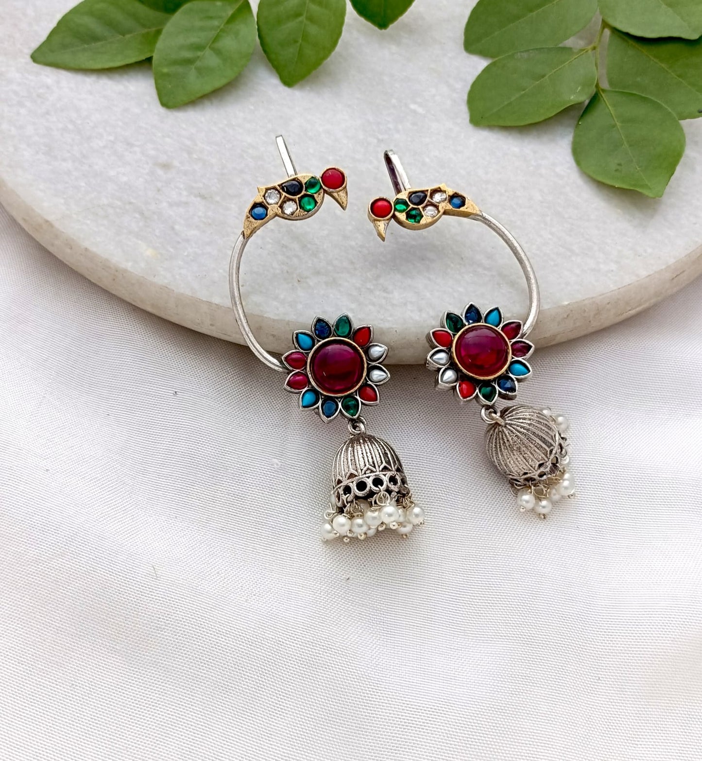 Panchi Handmade Brass Silver Plated Dual Tone Peacock Design Earcuff