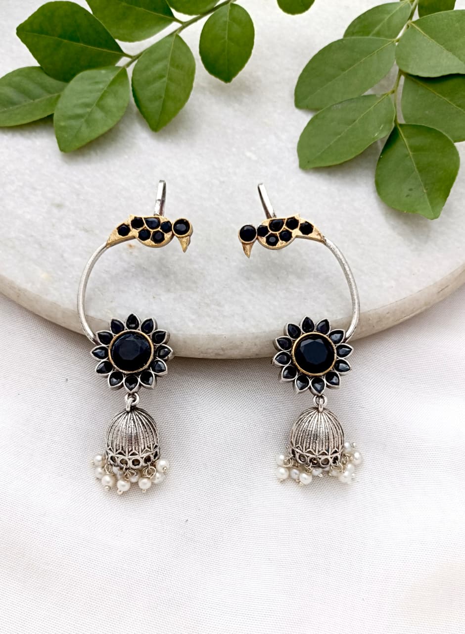 Panchi Handmade Brass Silver Plated Dual Tone Peacock Design Earcuff