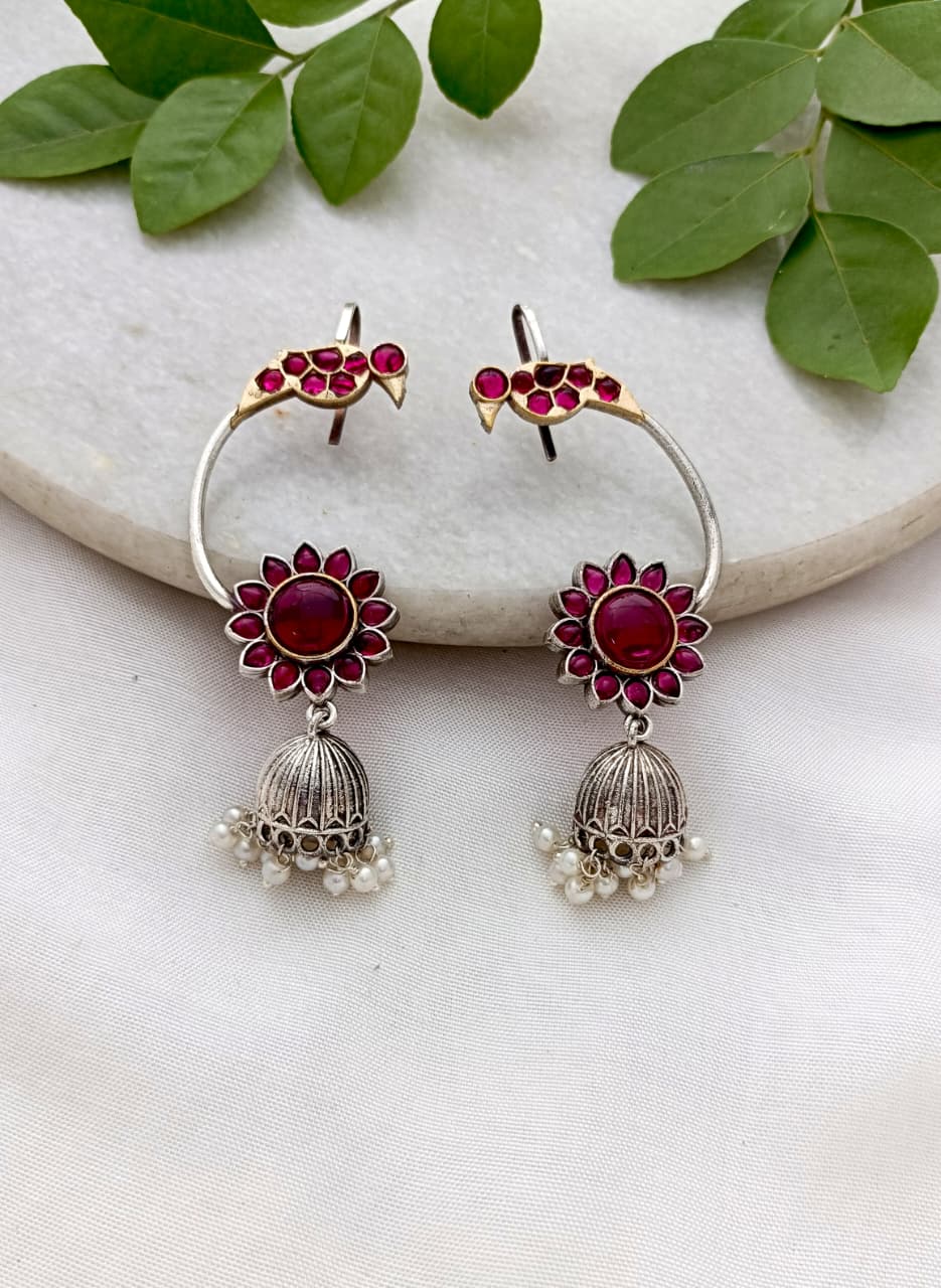 Panchi Handmade Brass Silver Plated Dual Tone Peacock Design Earcuff