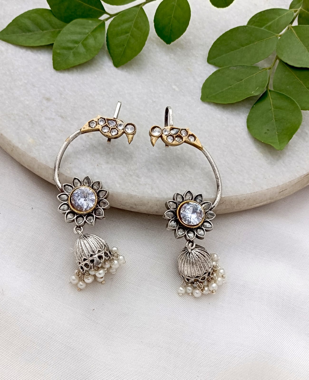 Panchi Handmade Brass Silver Plated Dual Tone Peacock Design Earcuff