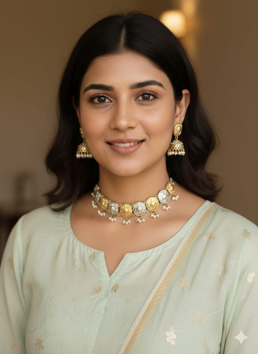 MaiRa Dual-Tone Floral Pearl Choker Set with Jhumka