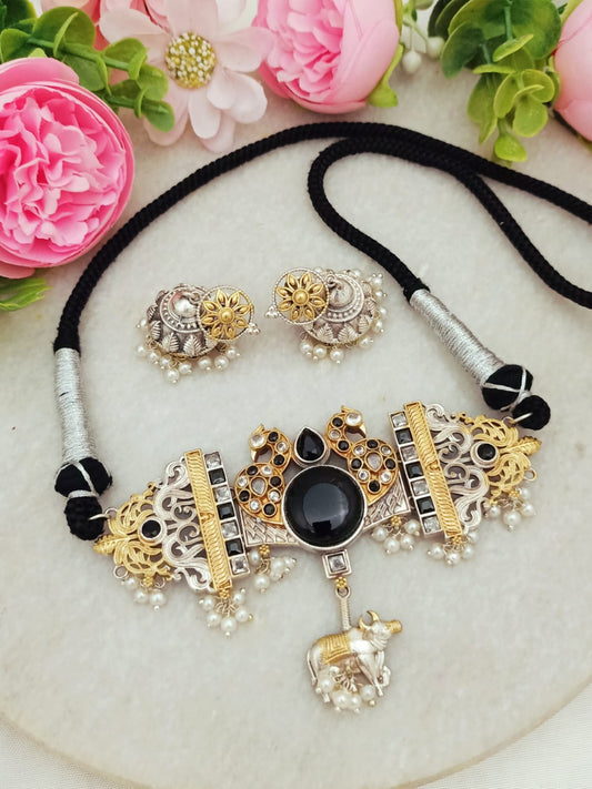 Sangani Handmade Dual tone Silver and Gold Plated  Necklace Set with Earrings