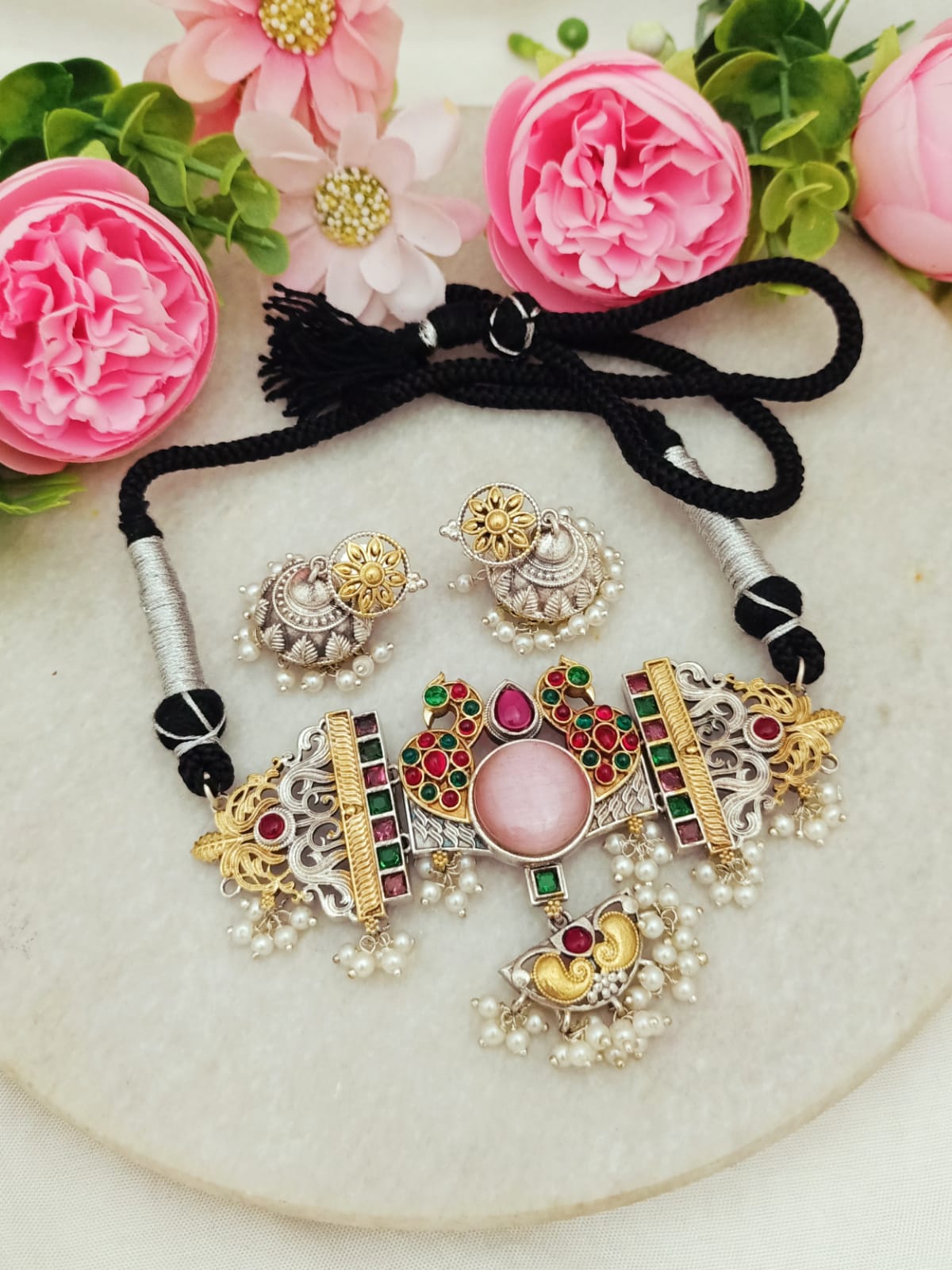 Sangani Handmade Dual tone Silver and Gold Plated  Necklace Set with Earrings