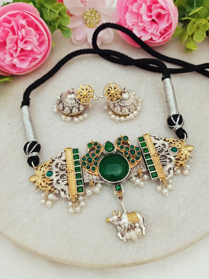 Sangani Handmade Dual tone Silver and Gold Plated  Necklace Set with Earrings