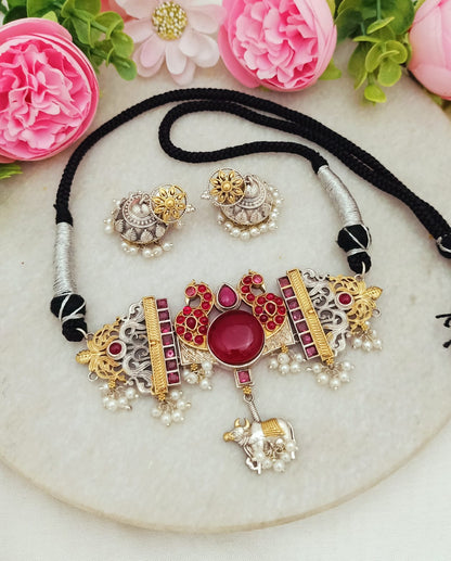 Sangani Handmade Dual tone Silver and Gold Plated  Necklace Set with Earrings