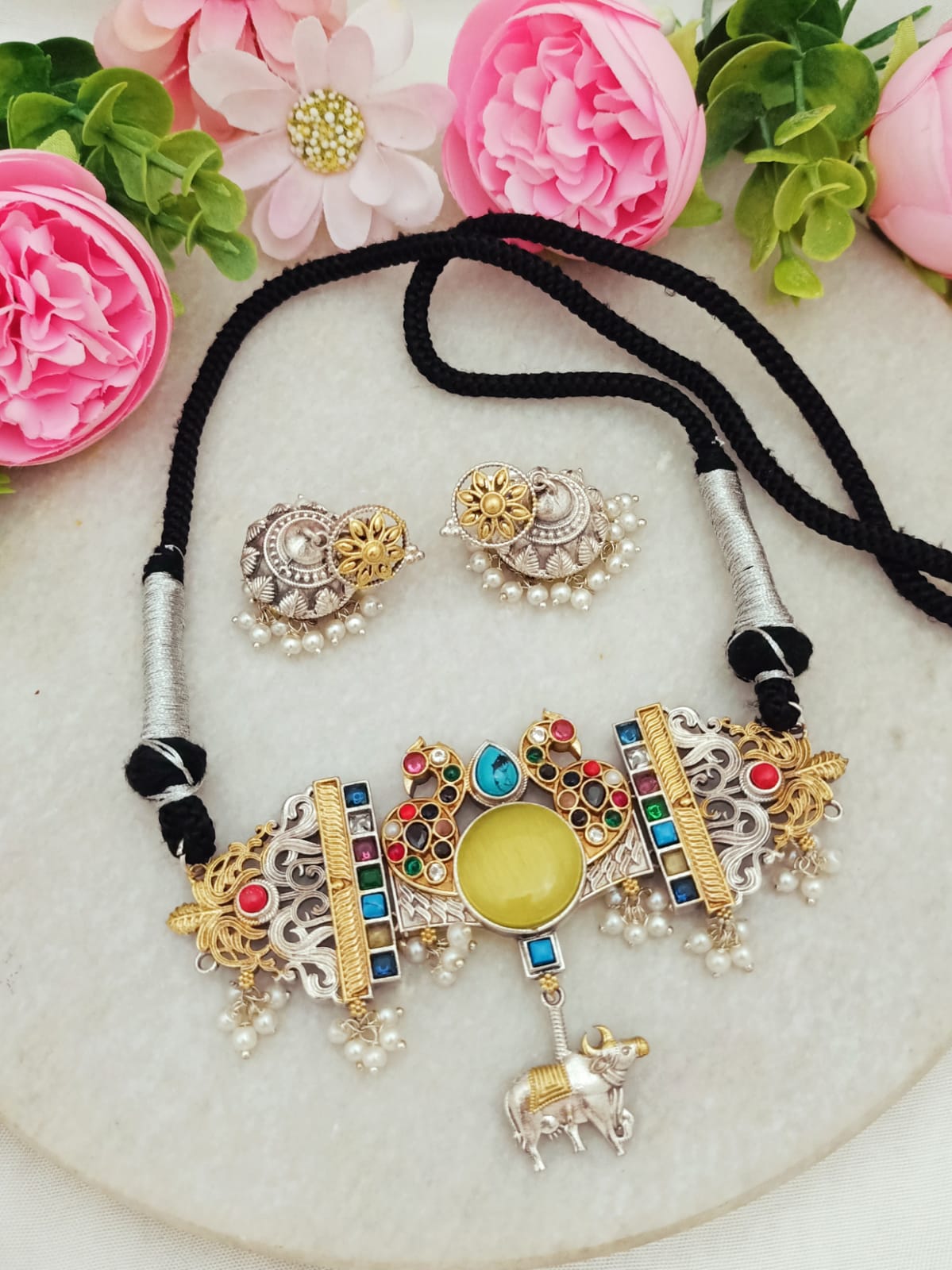 Sangani Handmade Dual tone Silver and Gold Plated  Necklace Set with Earrings