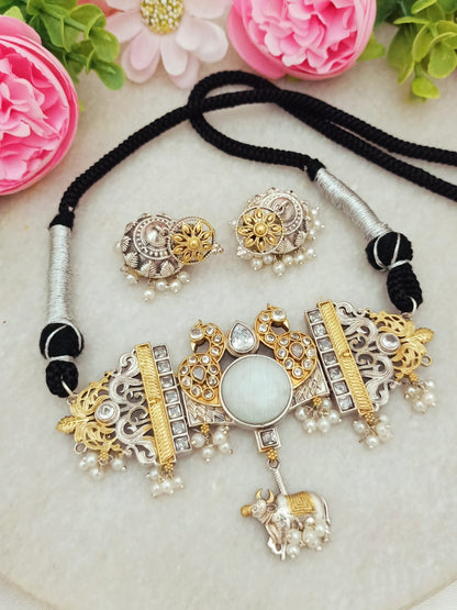 Sangani Handmade Dual tone Silver and Gold Plated  Necklace Set with Earrings