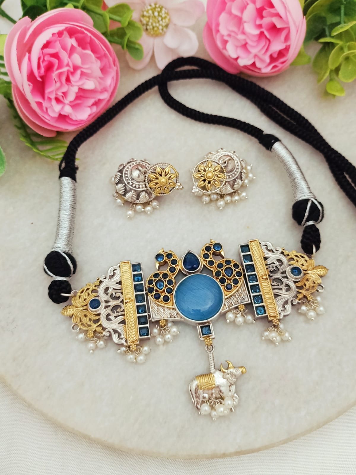 Sangani Handmade Dual tone Silver and Gold Plated  Necklace Set with Earrings