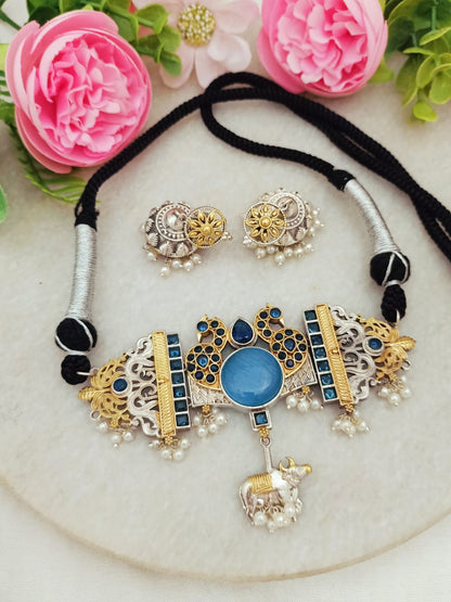 Sangani Handmade Dual tone Silver and Gold Plated  Necklace Set with Earrings