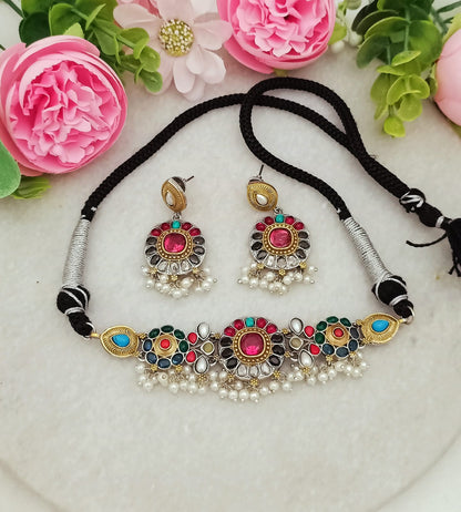 Handcrafted Brass Dual Tone Choker & Earring Set – Ethnic Fashion Jewellery for Women