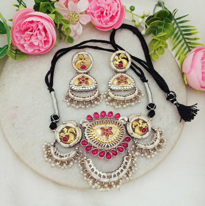Anjani Peacock Dual-Tone Kundan Necklace & Earring Set