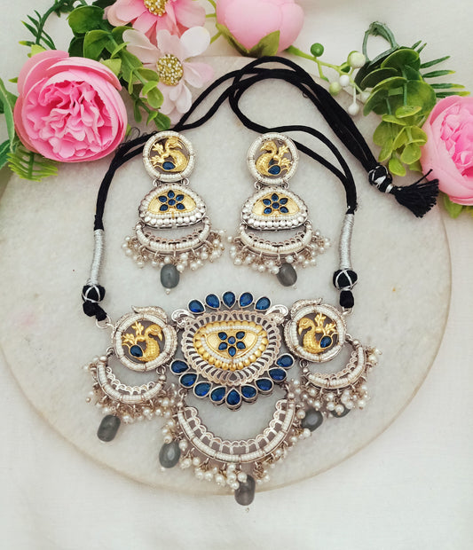 Anjani Peacock Dual-Tone Kundan Necklace & Earring Set
