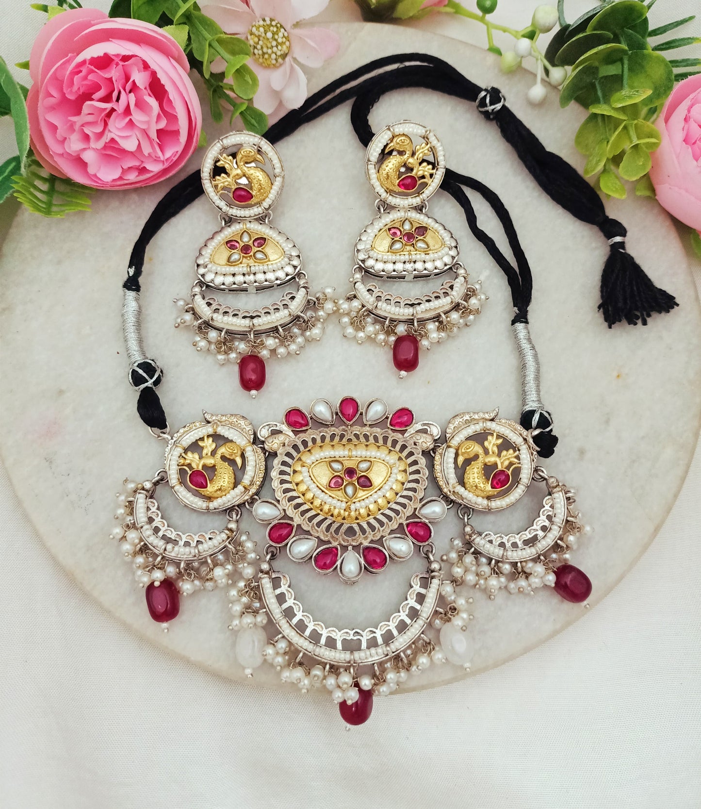 Anjani Peacock Dual-Tone Kundan Necklace & Earring Set