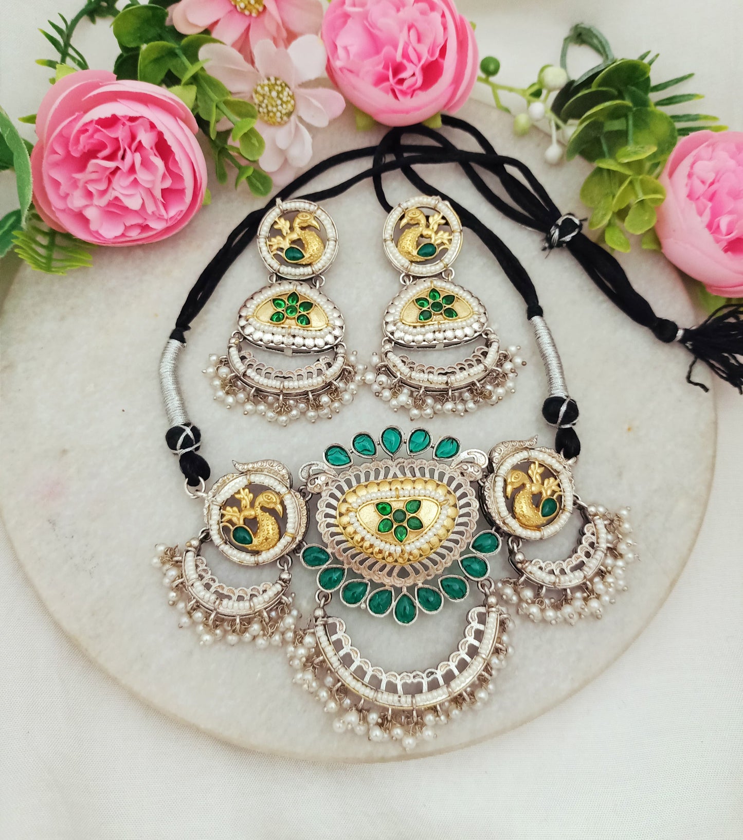 Anjani Peacock Dual-Tone Kundan Necklace & Earring Set
