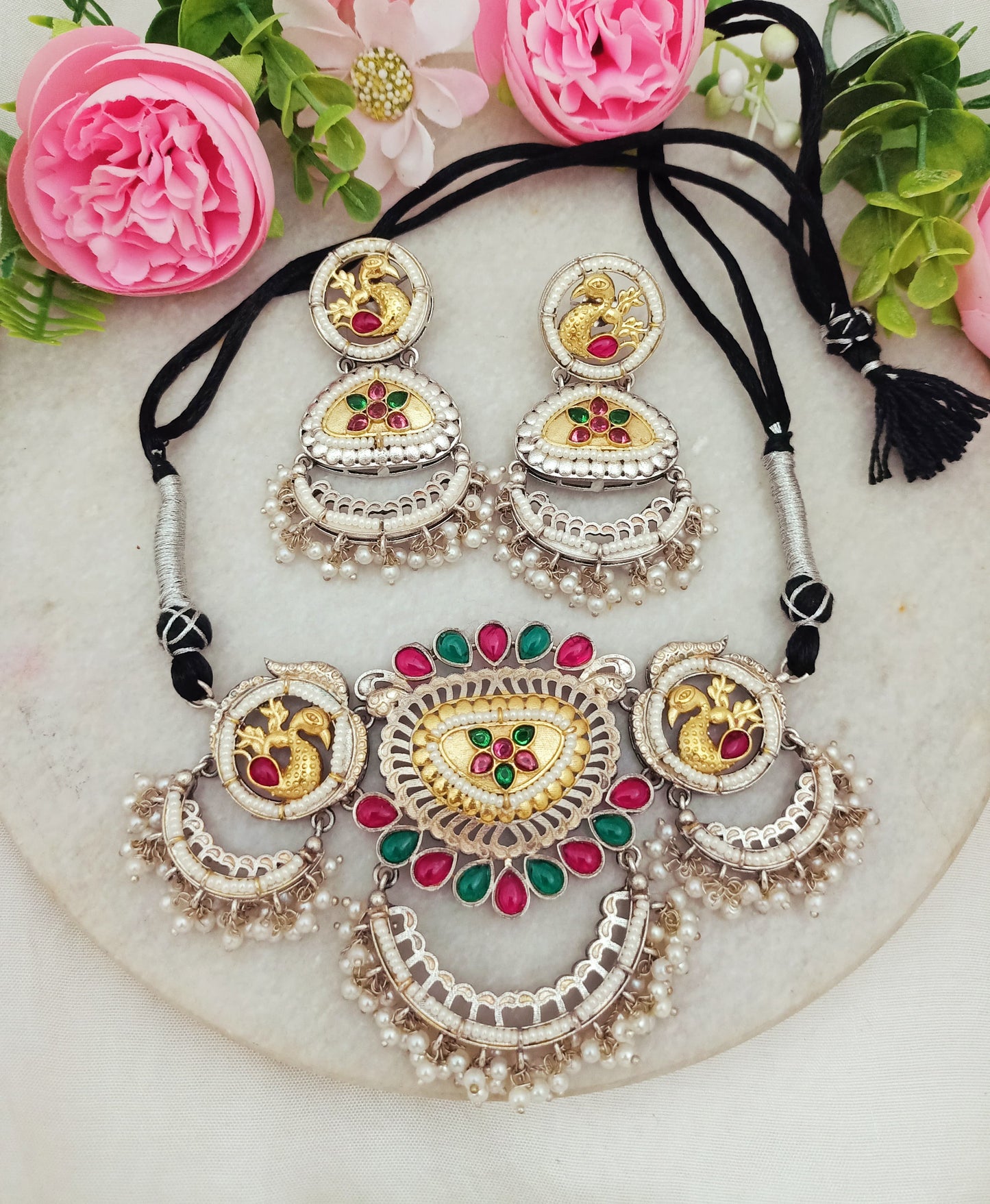 Anjani Peacock Dual-Tone Kundan Necklace & Earring Set