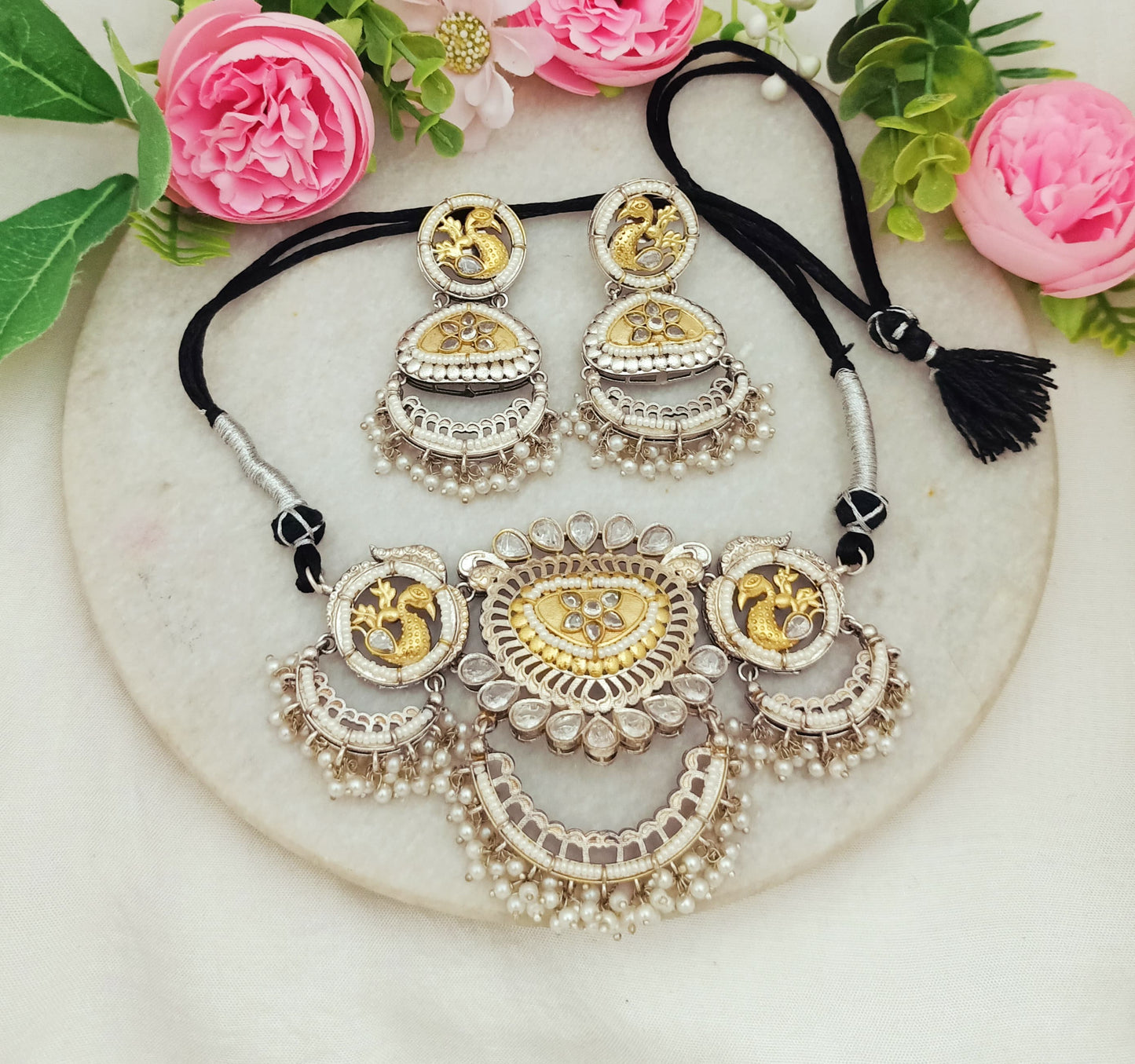 Anjani Peacock Dual-Tone Kundan Necklace & Earring Set