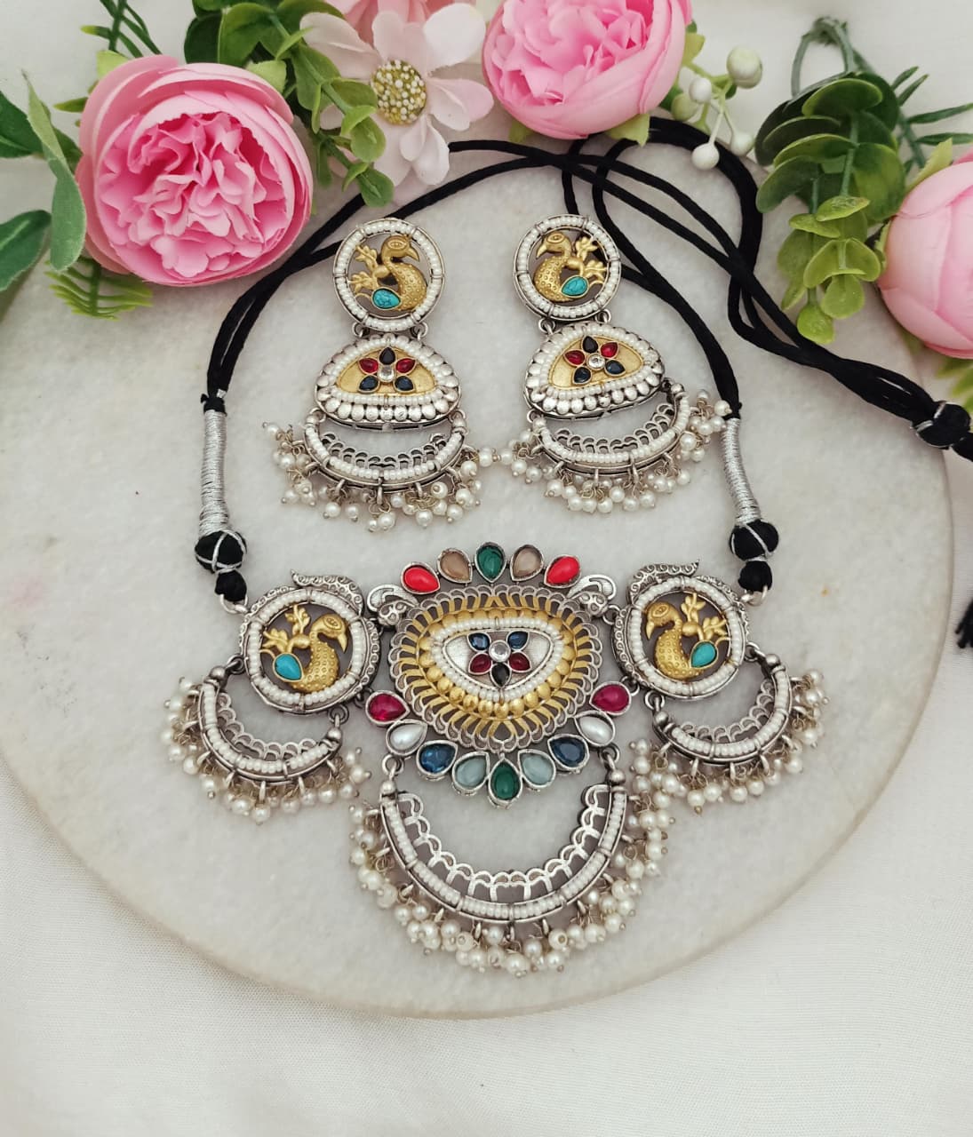 Anjani Peacock Dual-Tone Kundan Necklace & Earring Set