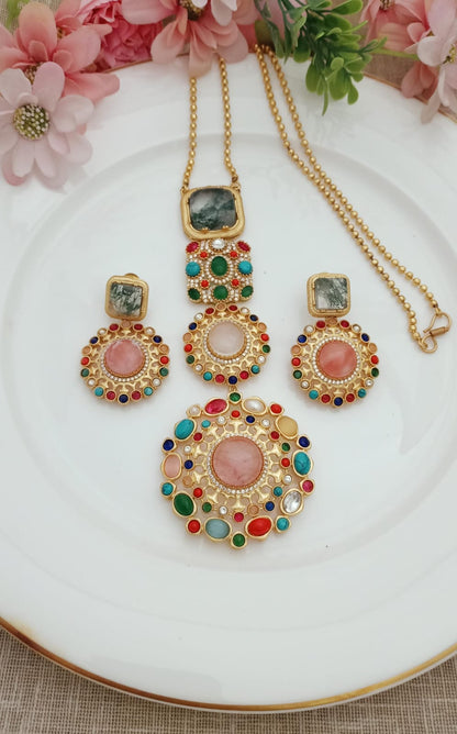 Nandani Multicolor Russian stone Sabyasachi Inspired Kundan Statement Necklace Set