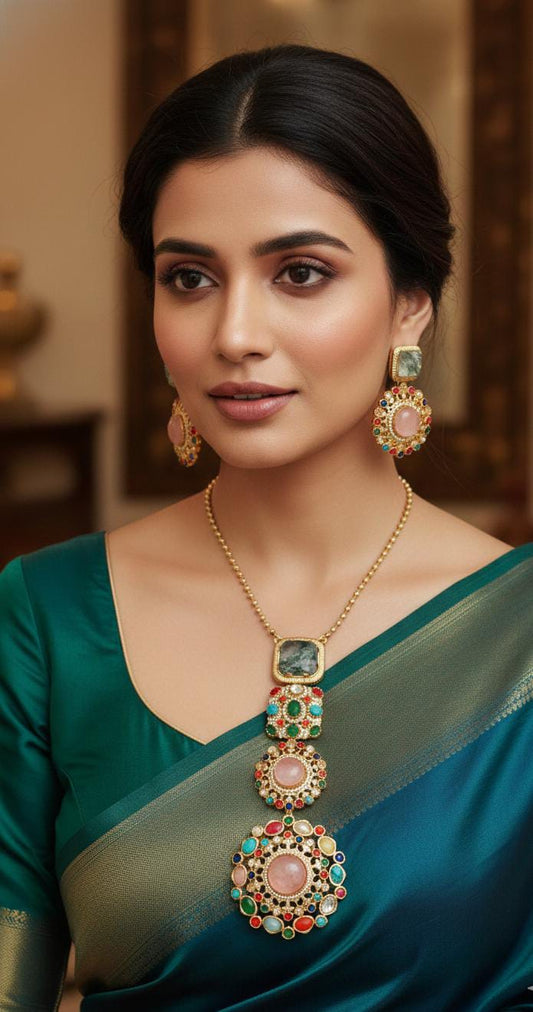 Nandani Multicolor Russian stone Sabyasachi Inspired Kundan Statement Necklace Set