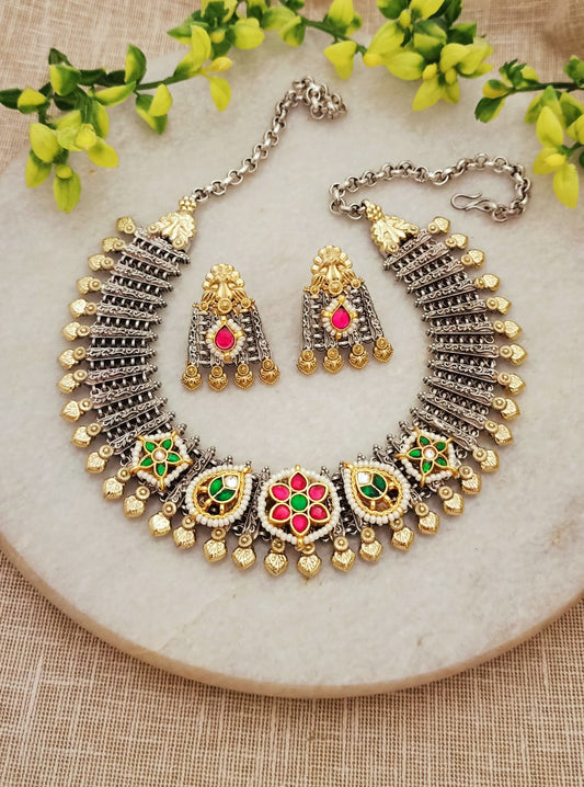 Sania Brass Silver-Plated Fusion Necklace Set With Pachi Kundan Stone Work