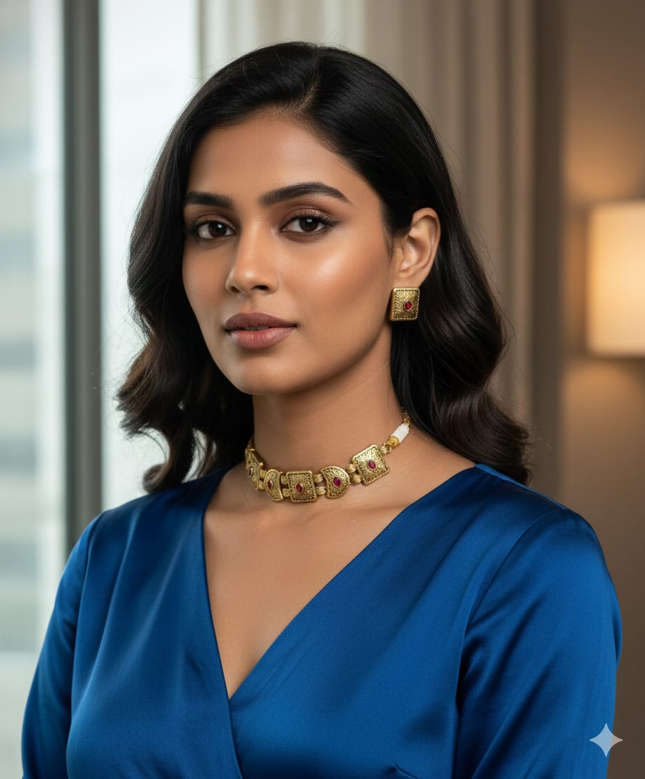 Tanya Brass Gold Plated Choker set with Earrings