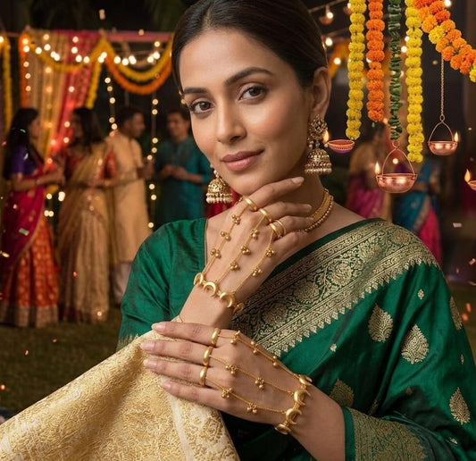 Heer Golden Crescent Bridal Hathphool – Traditional Hand Jewellery