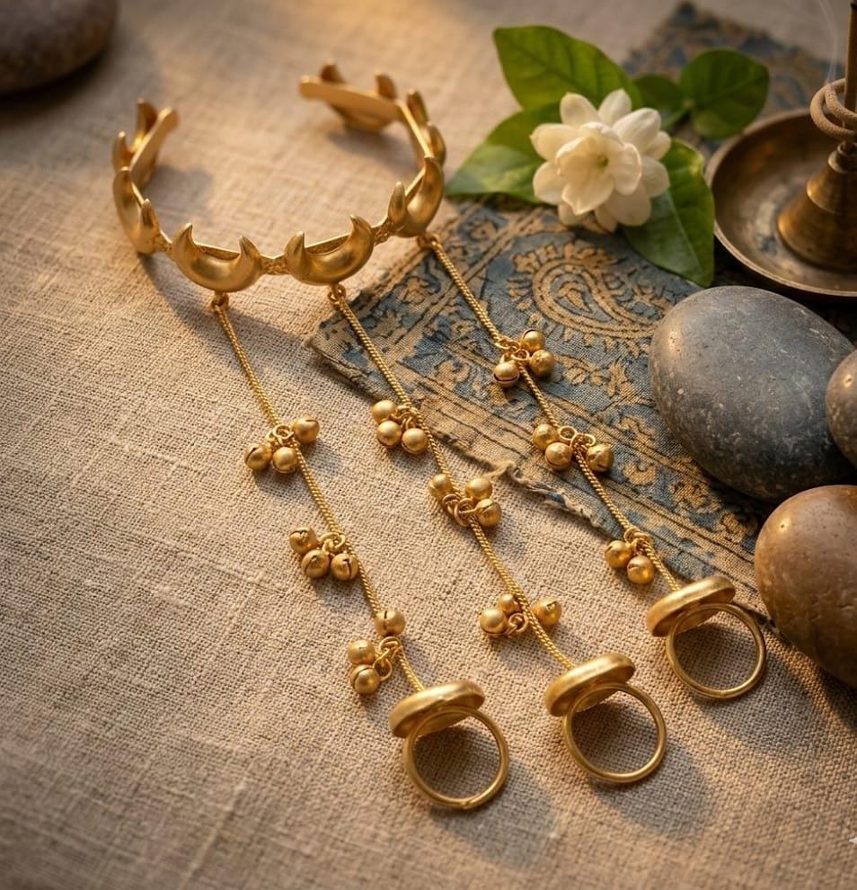 Heer Golden Crescent Bridal Hathphool – Traditional Hand Jewellery