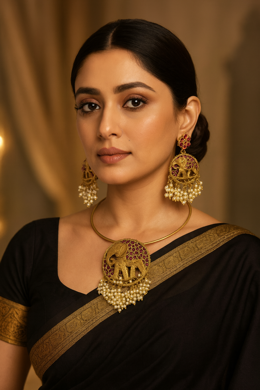 Royal Elephant Motif Gold Plated Necklace & Earring Set