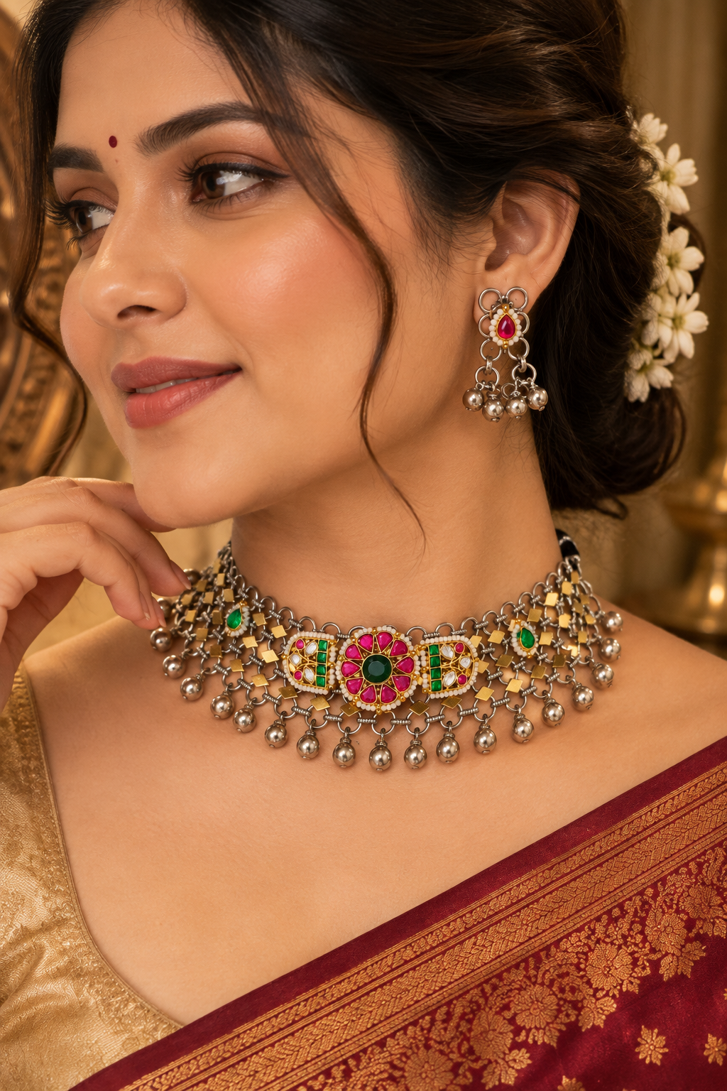 Nandini Dual Tone Pachi kundan Choker with Earrings