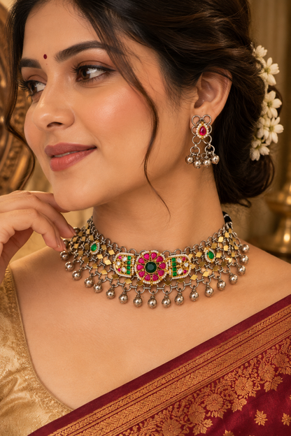 Nandini Dual Tone Pachi kundan Choker with Earrings