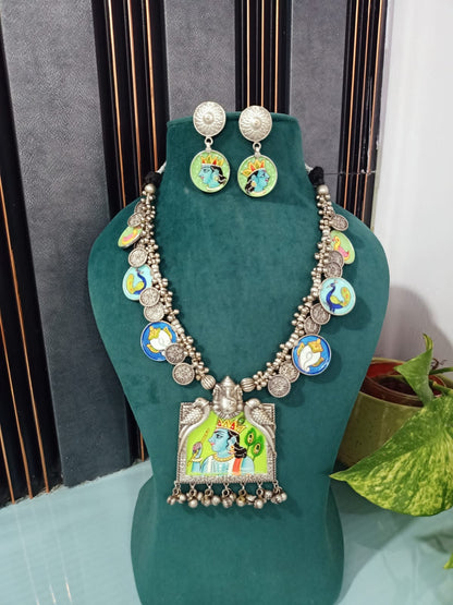Krishna Handprinted Charms Long Neckpiece with Earrings