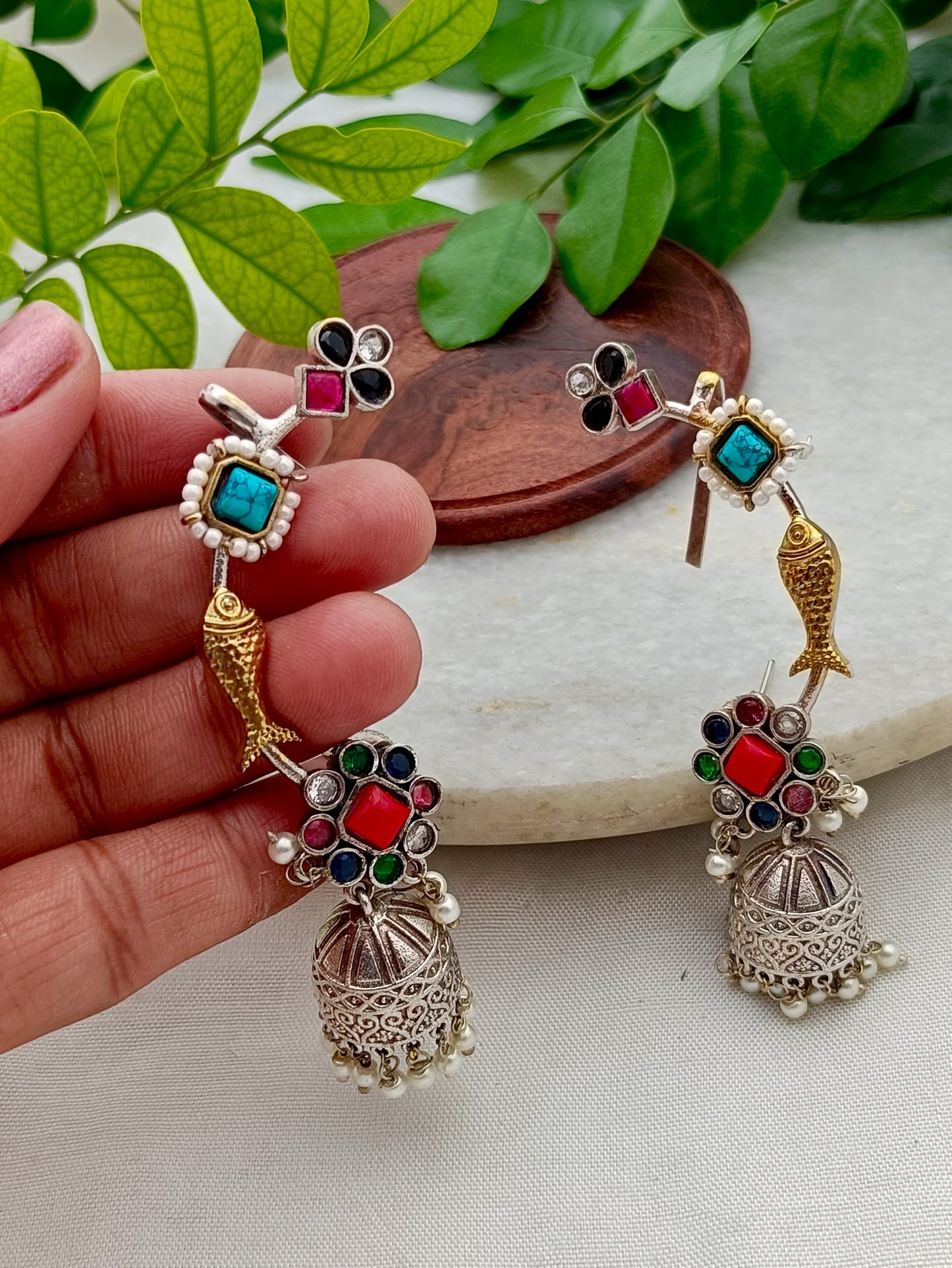 Beautiful Dual Tone Fish motif Earcuff with Jhumka