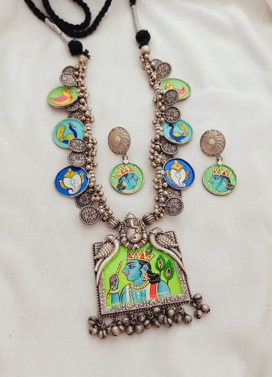 Krishna Handprinted Charms Long Neckpiece with Earrings