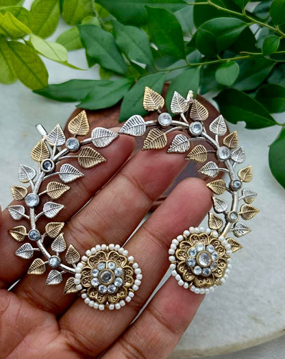 Aliya Dual Tone Leaf motif Stone Earcuff