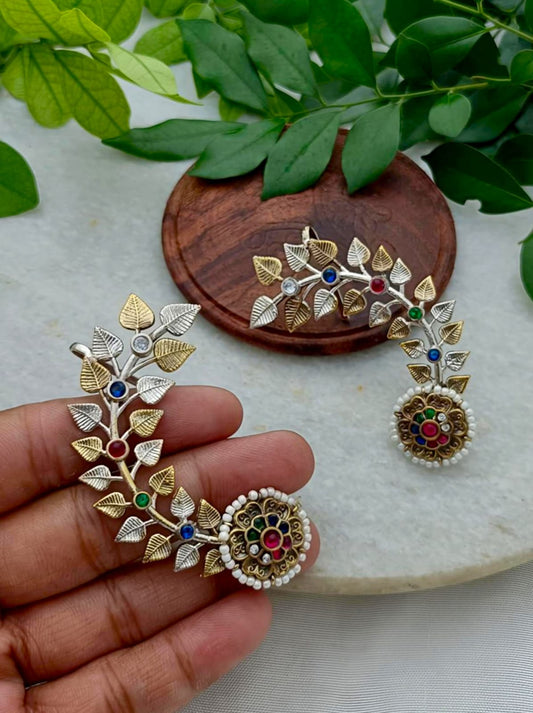 Beautiful Dual Tone Silver Plated Leaf stone Earcuff