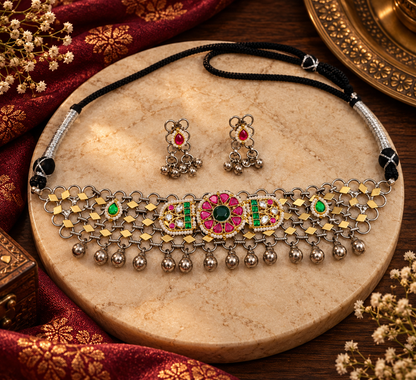 Nandini Dual Tone Pachi kundan Choker with Earrings