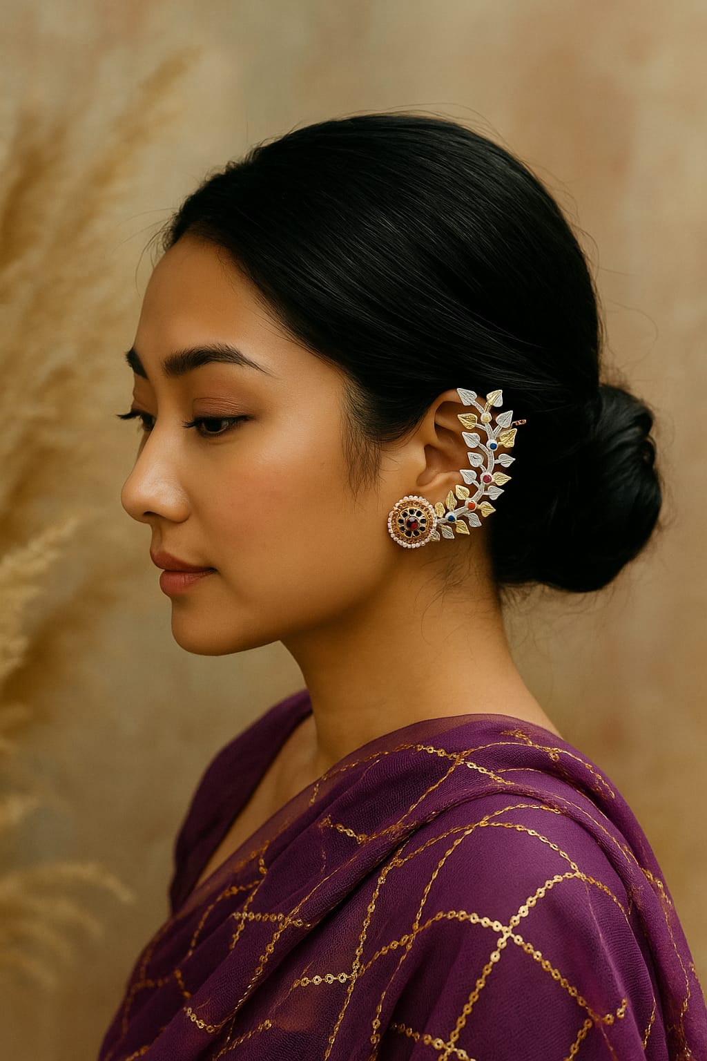 Aliya Dual Tone Leaf motif Stone Earcuff