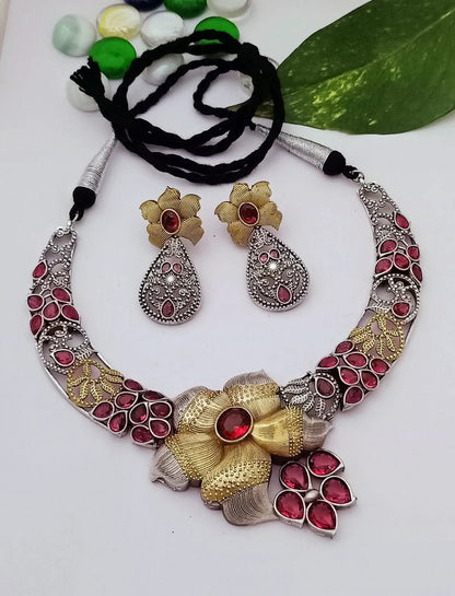 Asmi Dual Tone flower design Neckpiece with Earrings